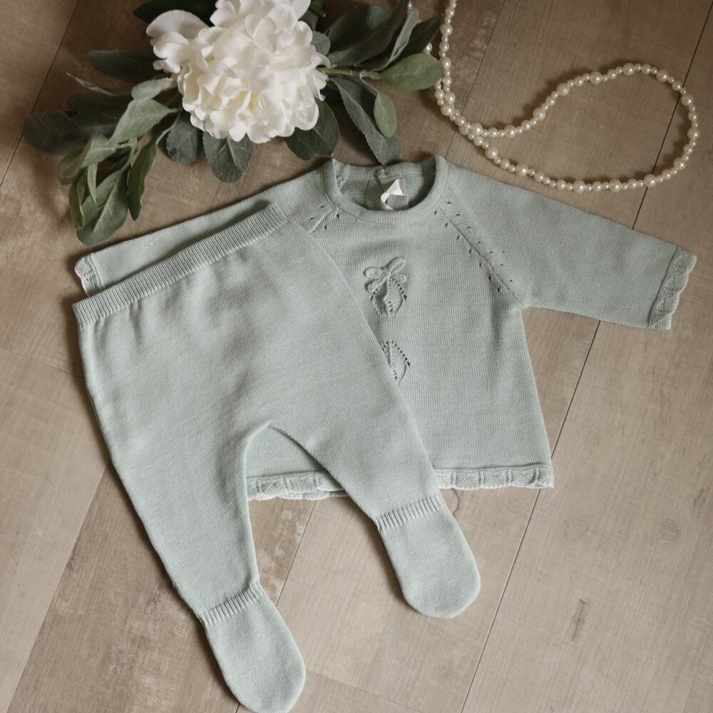 Cotton Sweater Knit Scalloped Pant Set Seafoam Green Argyle Boutique NWT